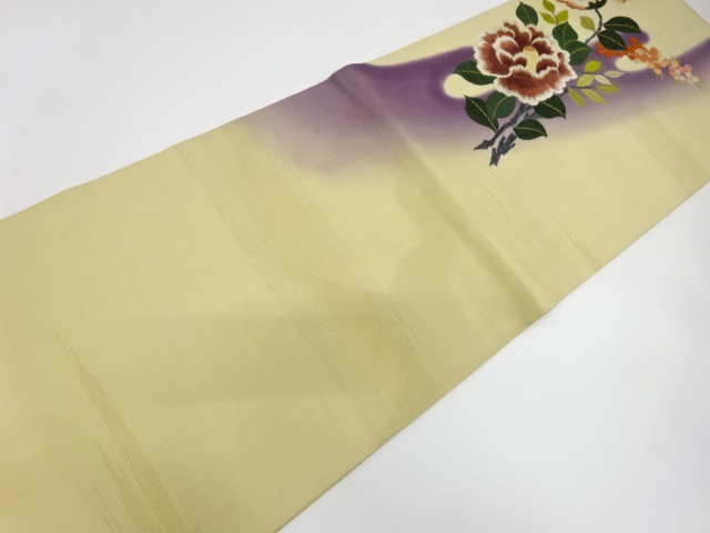  アンティーク　花瓶に文箱・椿・南天模様刺繍丸帯（着用可）